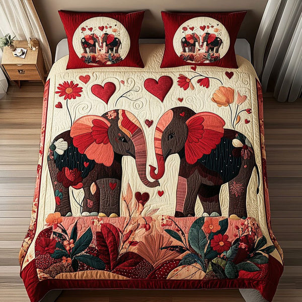 Heart of the Herd quilted 3-piece bedding set on a made bed with two matching pillow shams