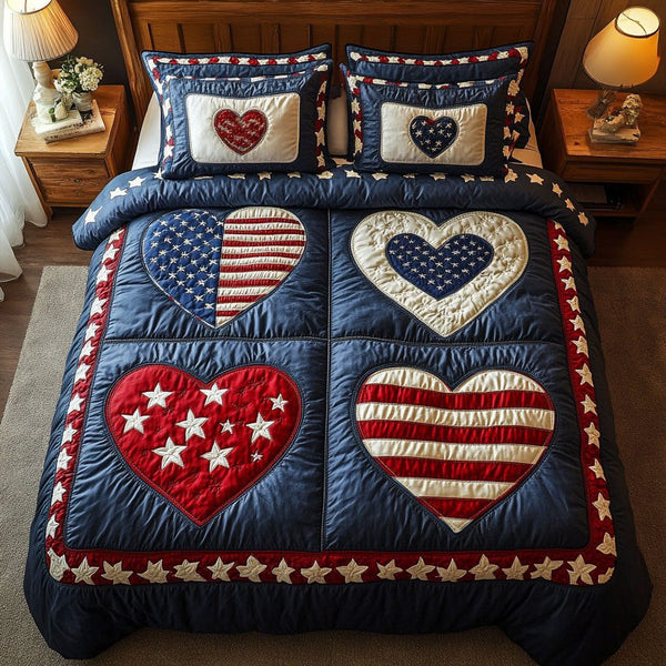 Heart of Valor quilted 3-piece bedding set on a made bed with two matching pillow shams