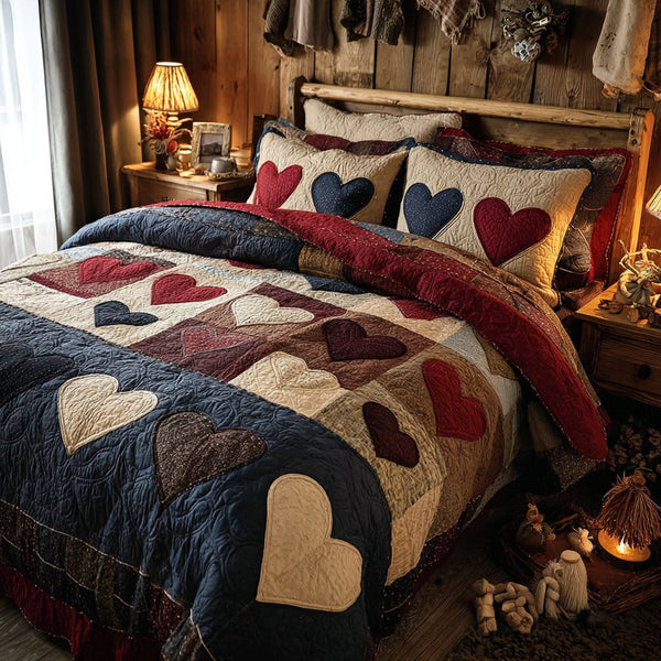 Heart Patch quilted 3-piece bedding set on a made bed with two matching pillow shams