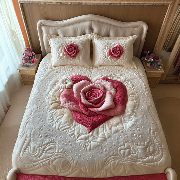 Heart Rose quilted 3-piece bedding set on a made bed with two matching pillow shams