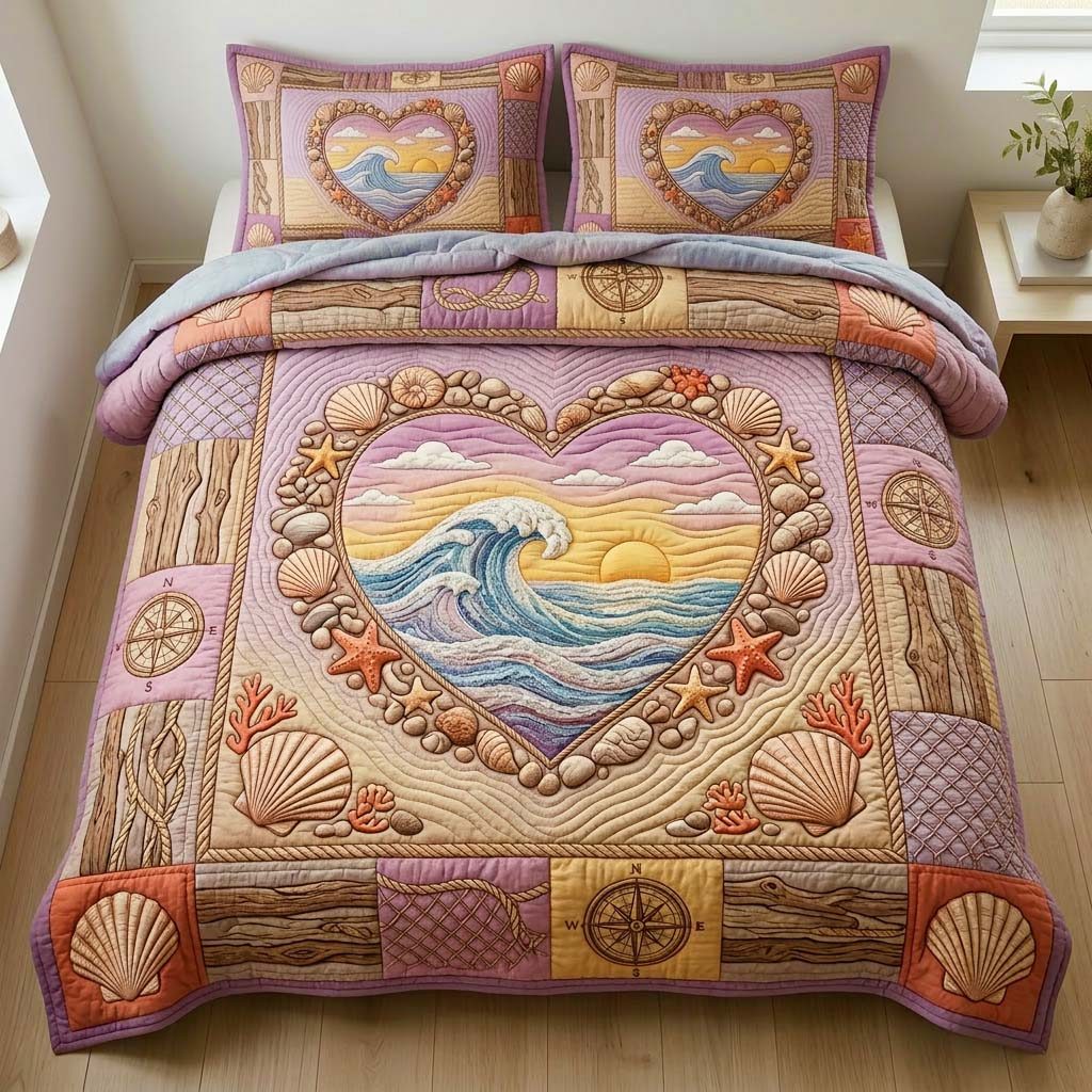 Heart Seashell quilted 3-piece bedding set on a made bed in a light coastal bedroom