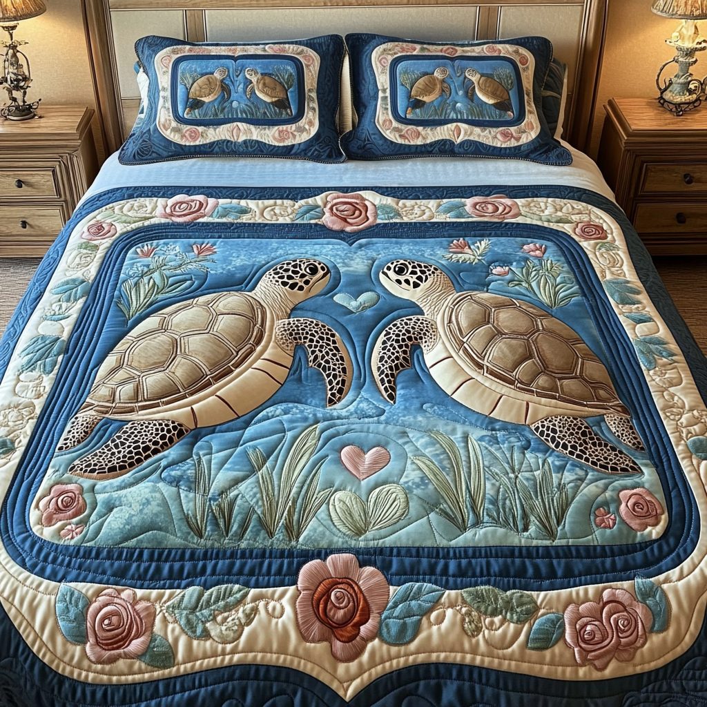 Heart Shell quilted 3-piece bedding set on a made bed in a light coastal bedroom