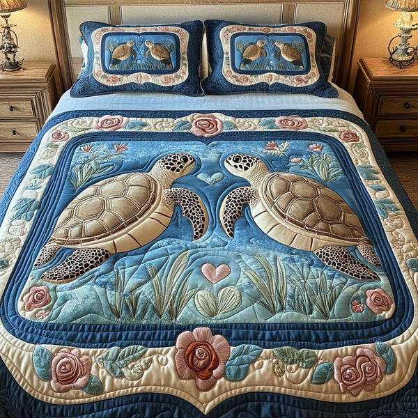 Heart Shell quilted 3-piece bedding set on a made bed in a light coastal bedroom