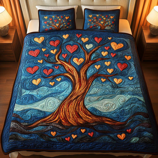 Heart Sprout quilted 3-piece bedding set on a made bed with two matching pillow shams