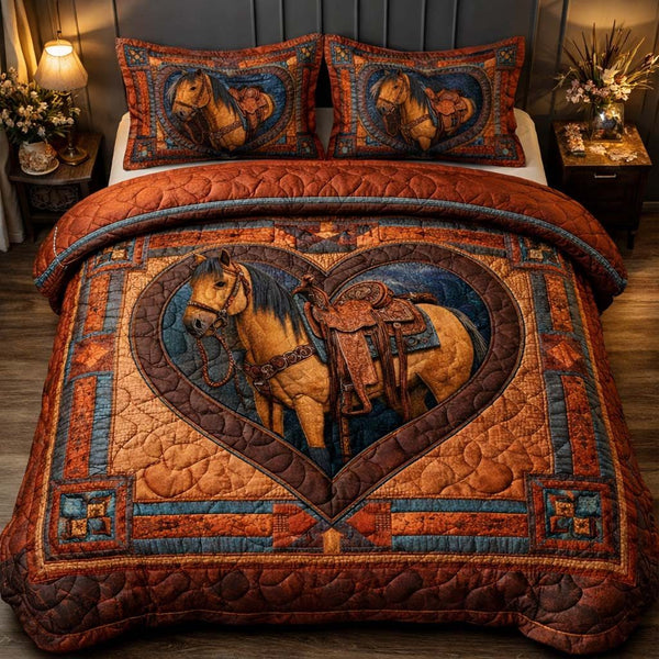 Heart Stallion quilted 3-piece bedding set on a made bed in a rustic timber bedroom