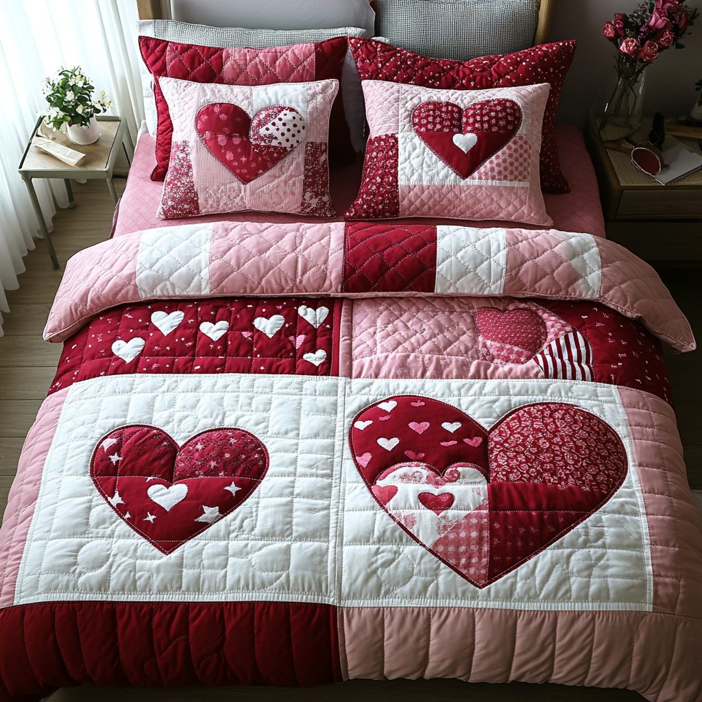 Heart To Heart quilted 3-piece bedding set on a made bed with two matching pillow shams