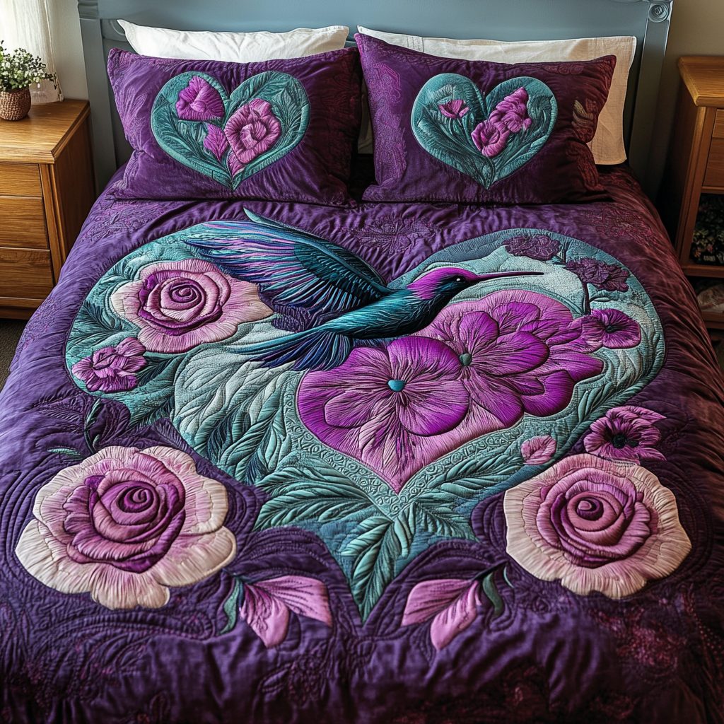 Heartbeat Haven quilted 3-piece bedding set on a made bed with two matching pillow shams