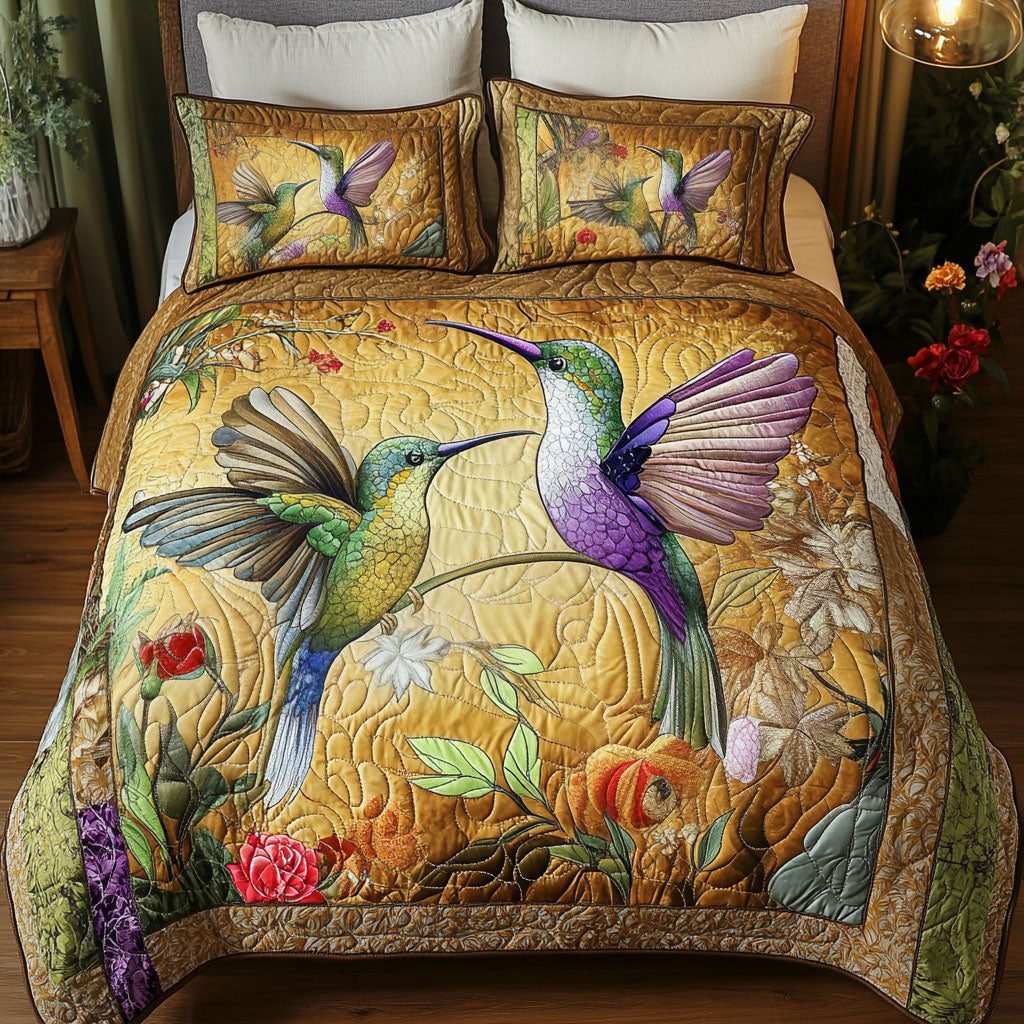 Heartbeats in Flight quilted 3-piece bedding set on a made bed with two matching pillow shams