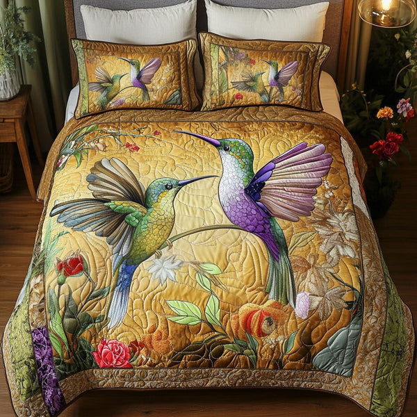 Heartbeats in Flight quilted 3-piece bedding set on a made bed with two matching pillow shams