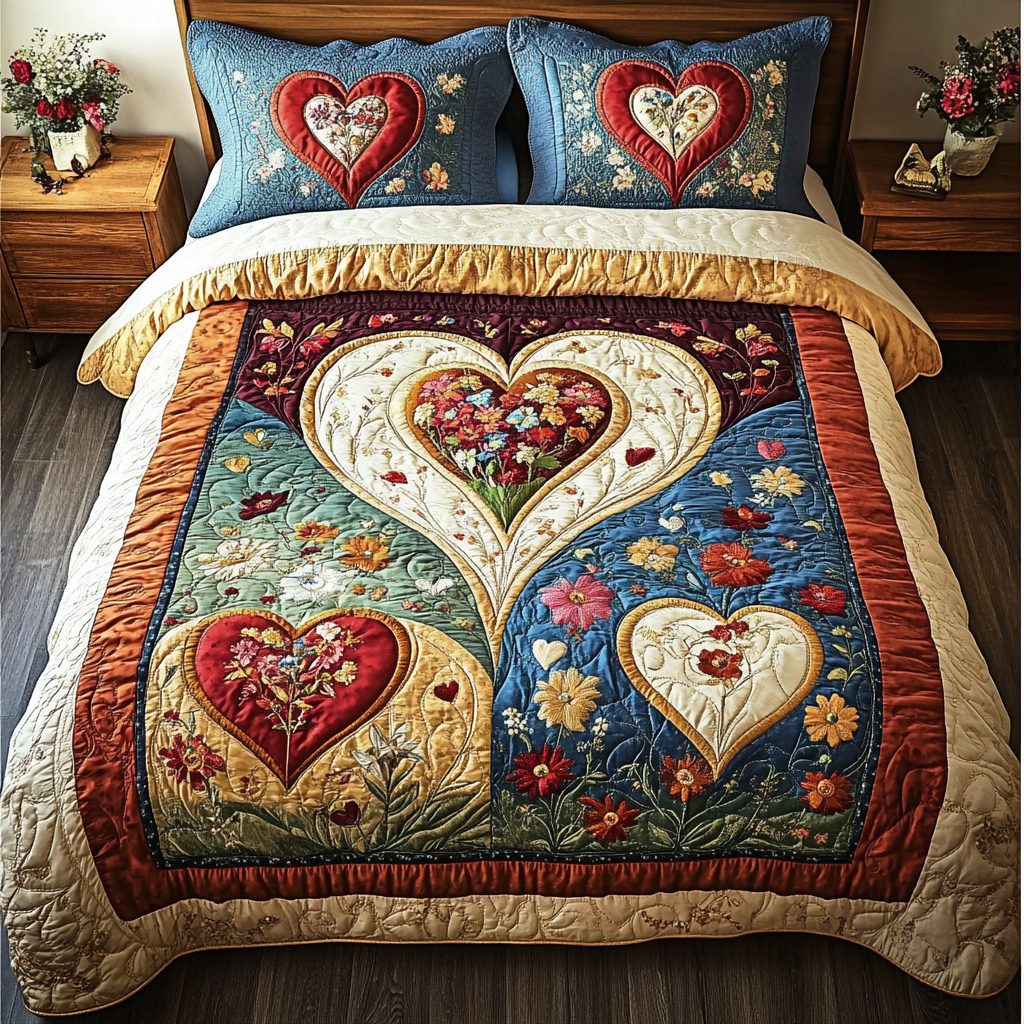 Heartfelt Dreams quilted 3-piece bedding set on a made bed with two matching pillow shams