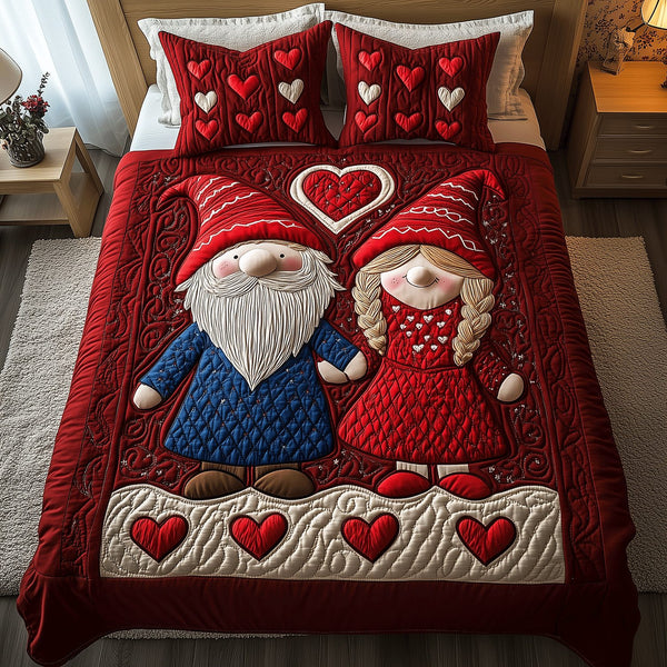 Heartfelt Gnome Bliss quilted 3-piece bedding set on a made bed in a winter-styled bedroom