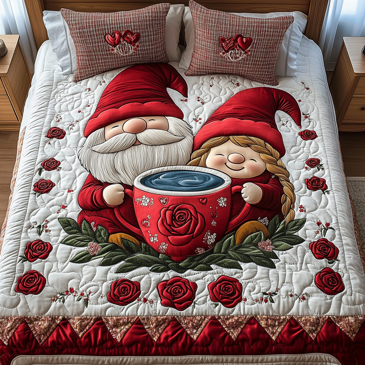 Heartfelt Gnome quilted 3-piece bedding set on a made bed in a winter-styled bedroom