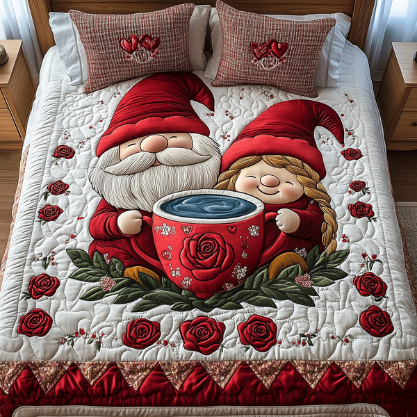 Heartfelt Gnome quilted 3-piece bedding set on a made bed in a winter-styled bedroom