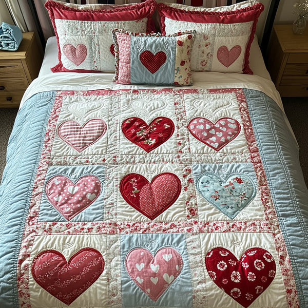 Heartfelt Harmony quilted 3-piece bedding set on a made bed with two matching pillow shams