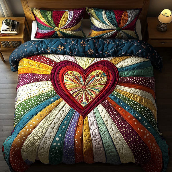 Heartfelt Harmony quilted 3-piece bedding set on a made bed with two matching pillow shams