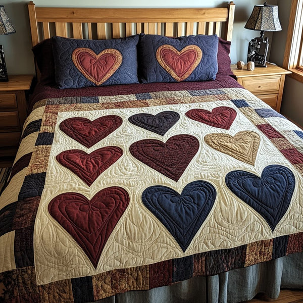 Heartfelt Harmony quilted 3-piece bedding set on a made bed with two matching pillow shams