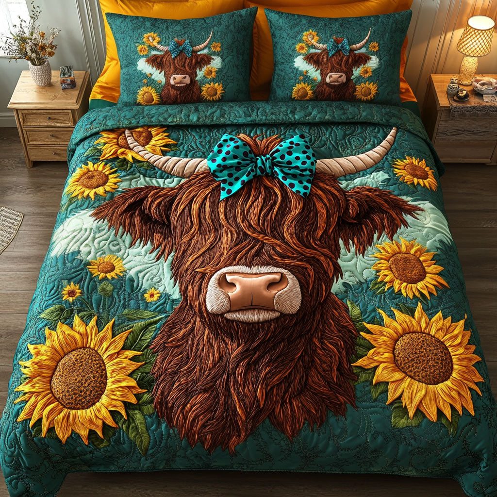 Heartfelt Heifers quilted 3-piece bedding set on a made bed with two matching pillow shams