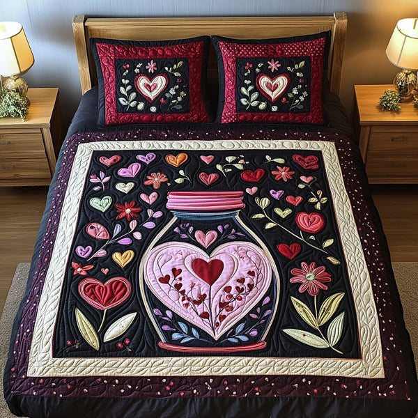 Heartfelt Jar quilted 3-piece bedding set on a made bed with two matching pillow shams