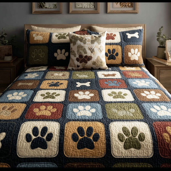 Heartfelt Paw quilted 3-piece bedding set on a made bed with two matching pillow shams