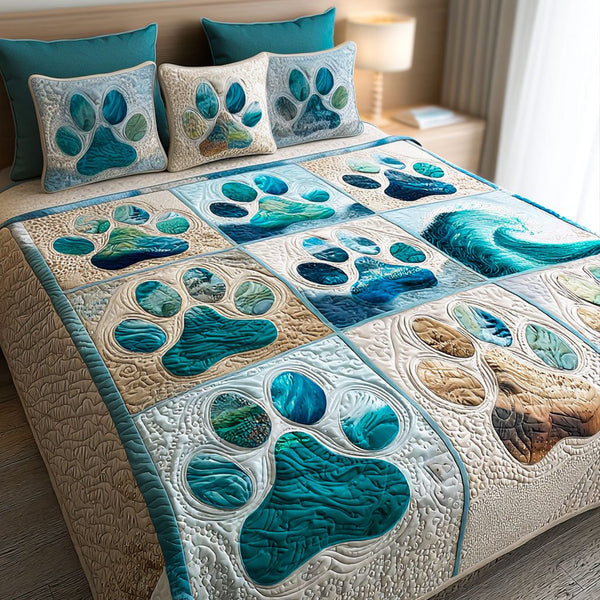 Heartfelt Paws quilted 3-piece bedding set on a made bed with two matching pillow shams