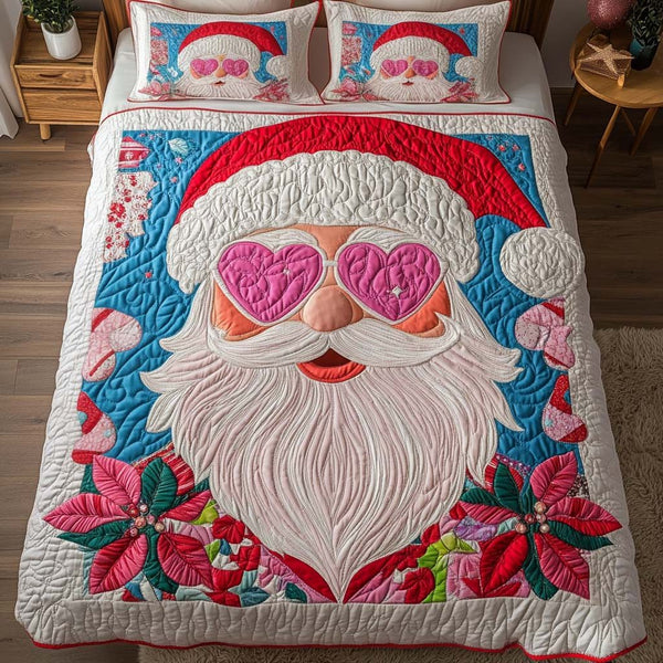 Heartfelt Santa quilted 3-piece bedding set on a made bed in a winter-styled bedroom