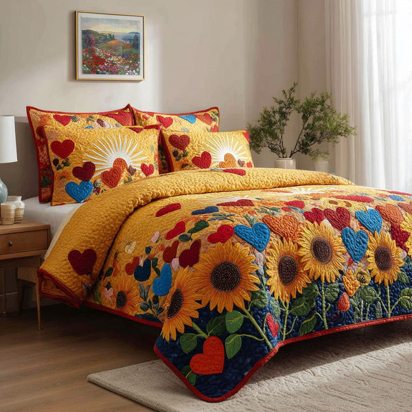 Heartfield Sun quilted 3-piece bedding set on a made bed with two matching pillow shams