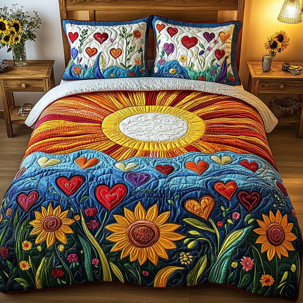 Heartful Garden quilted 3-piece bedding set on a made bed with two matching pillow shams