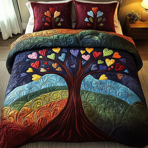 Heartful Roots quilted 3-piece bedding set on a made bed with two matching pillow shams