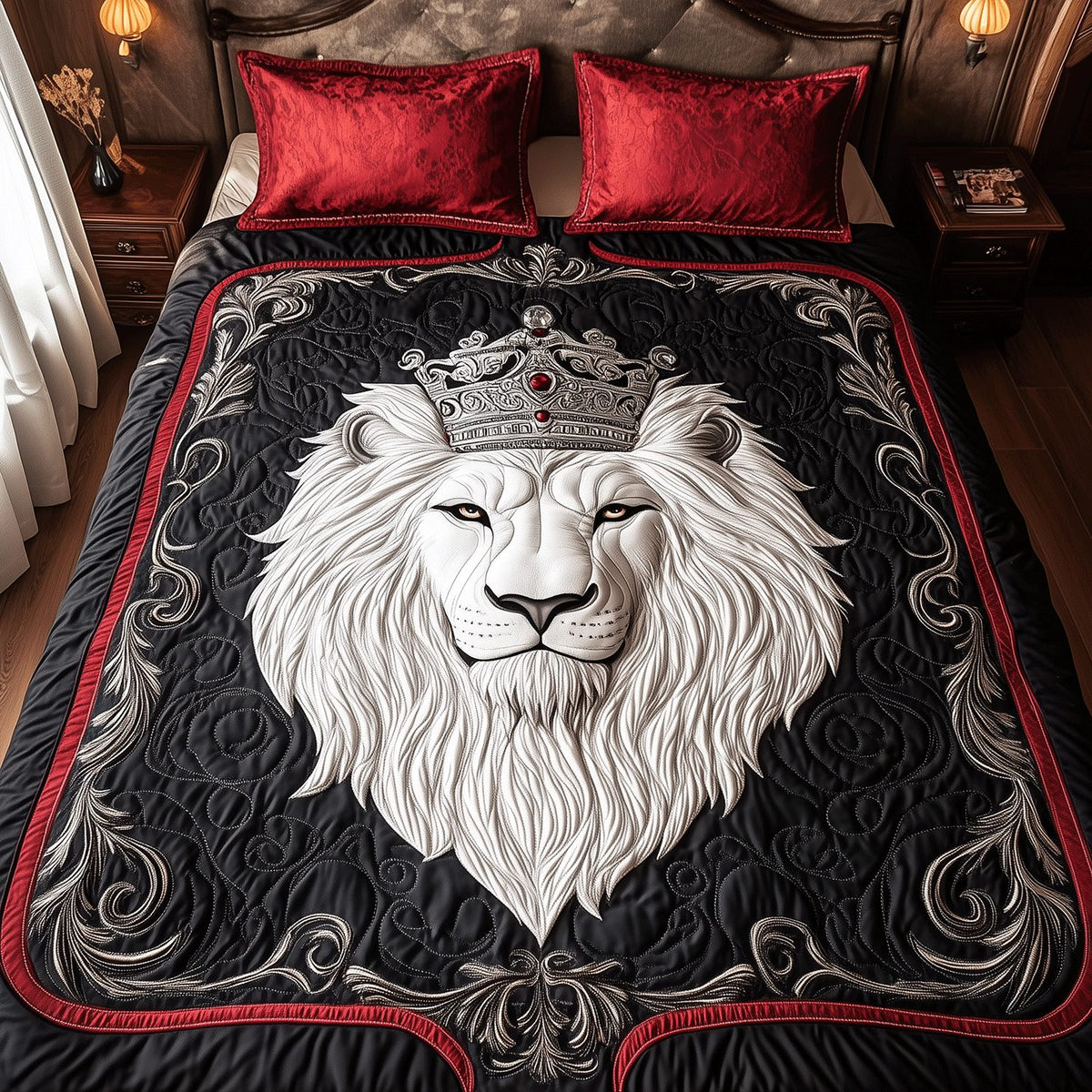 Hearth and Harvest quilted 3-piece bedding set on a made bed with two matching pillow shams