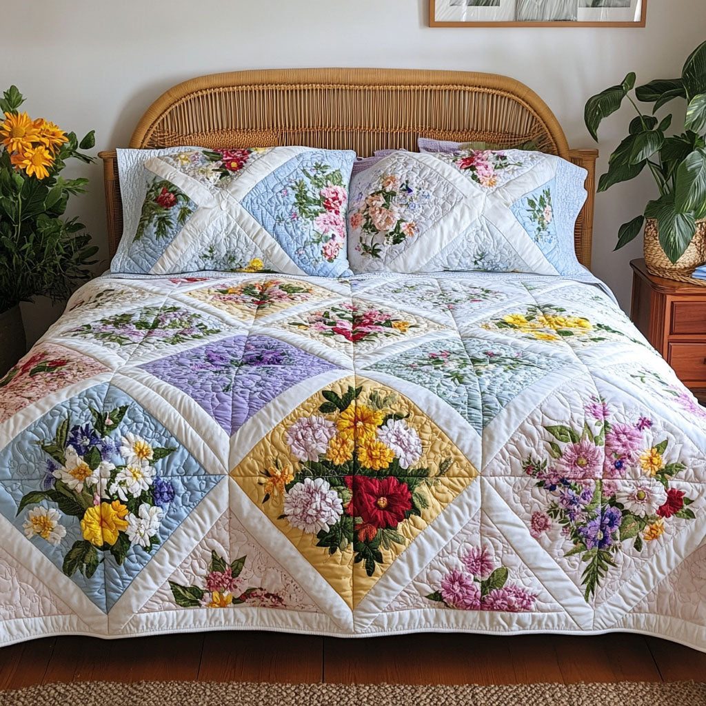 Hearth and Home Floral quilted 3-piece bedding set on a made bed with two matching pillow shams