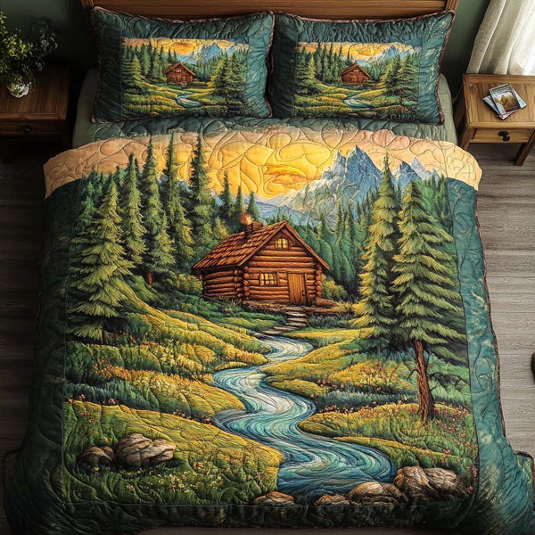 Hearthside Whispers quilted 3-piece bedding set on a made bed with two matching pillow shams