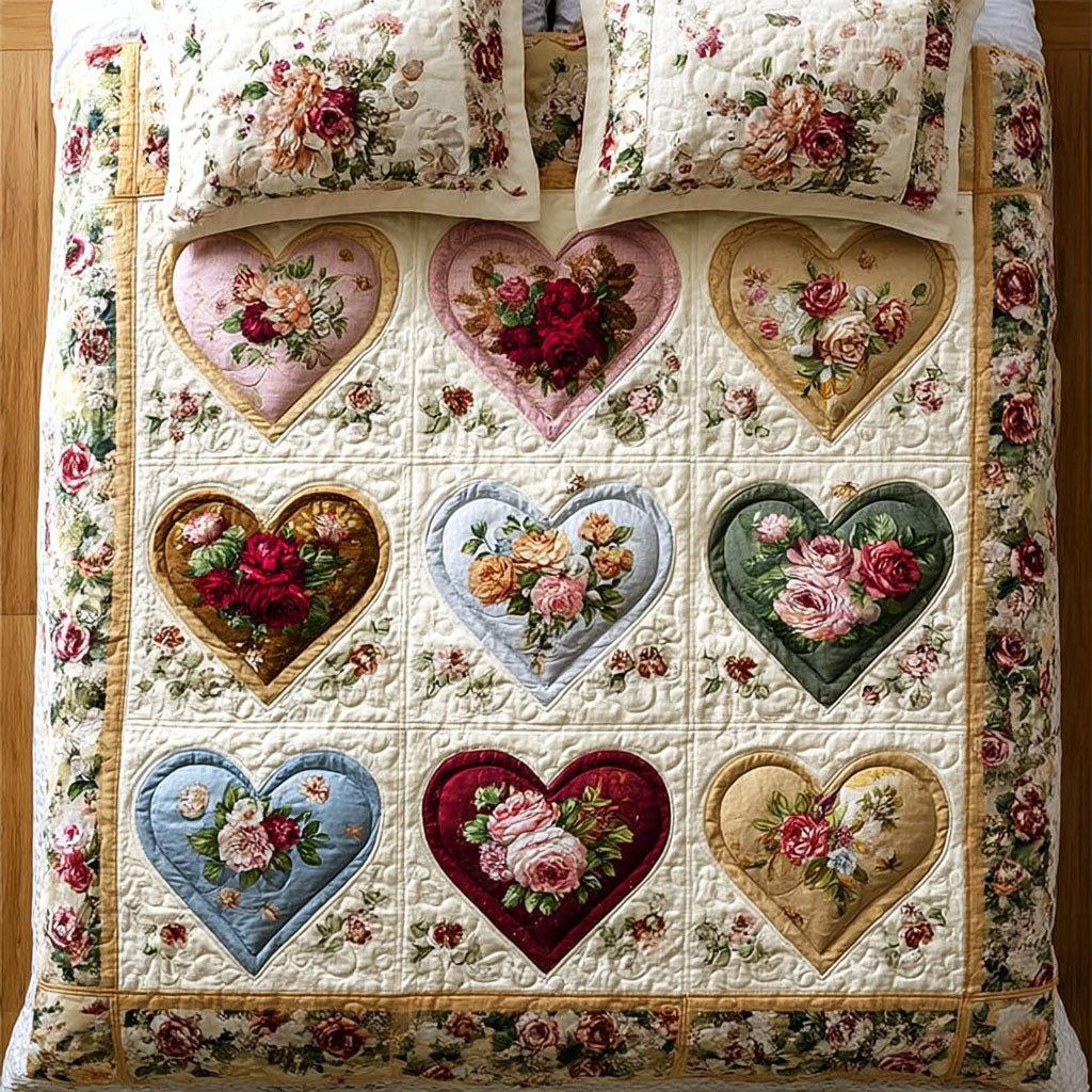 Heartline quilted 3-piece bedding set on a made bed with two matching pillow shams