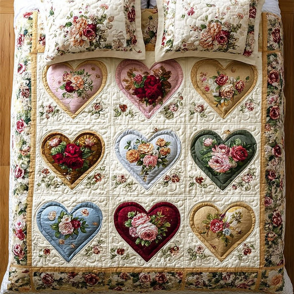 Heartline quilted 3-piece bedding set on a made bed with two matching pillow shams