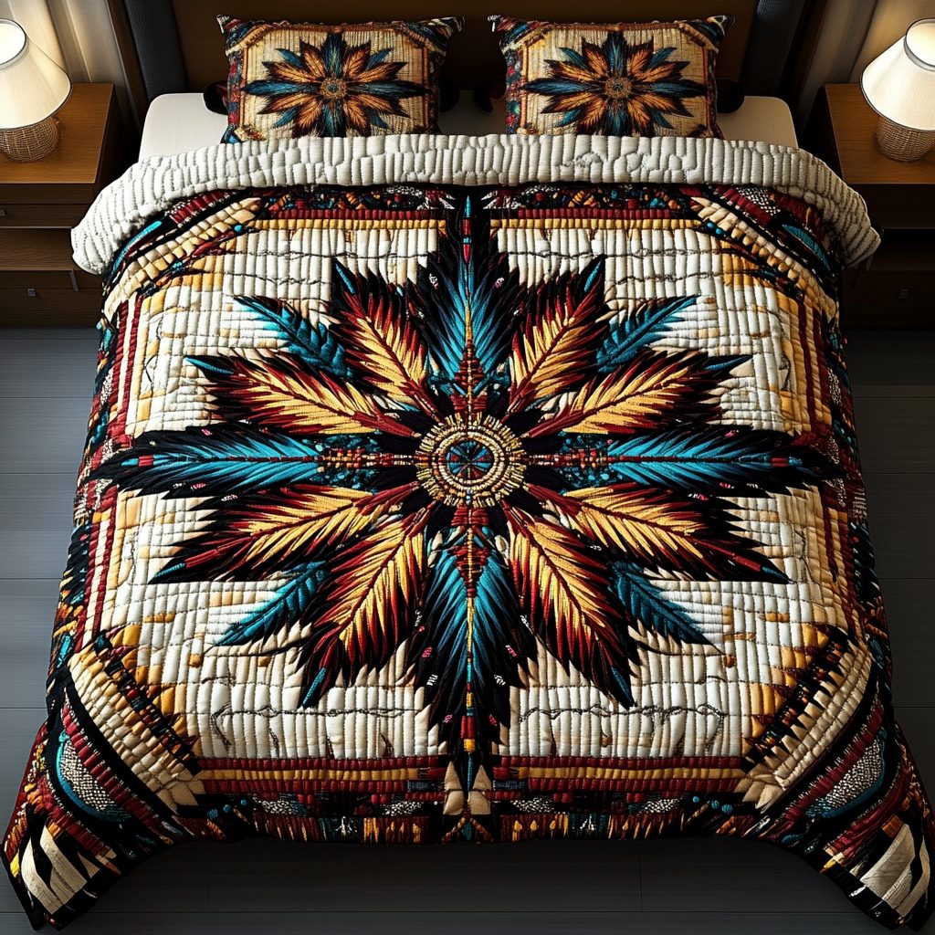 Hearts Harmony quilted 3-piece bedding set on a made bed with two matching pillow shams