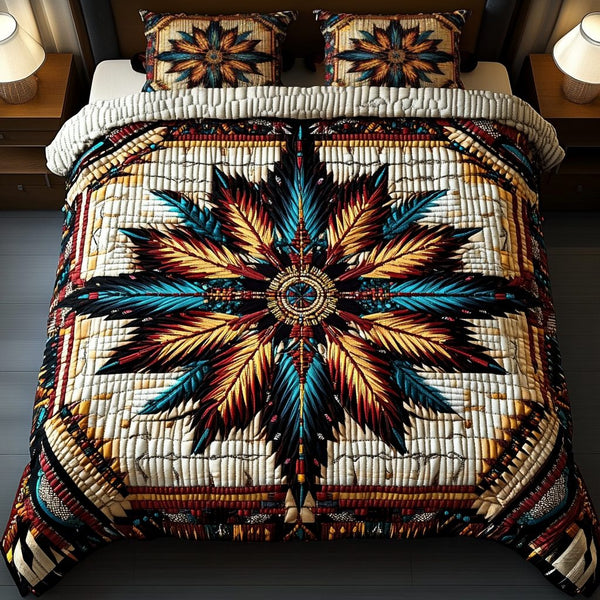 Hearts Harmony quilted 3-piece bedding set on a made bed with two matching pillow shams