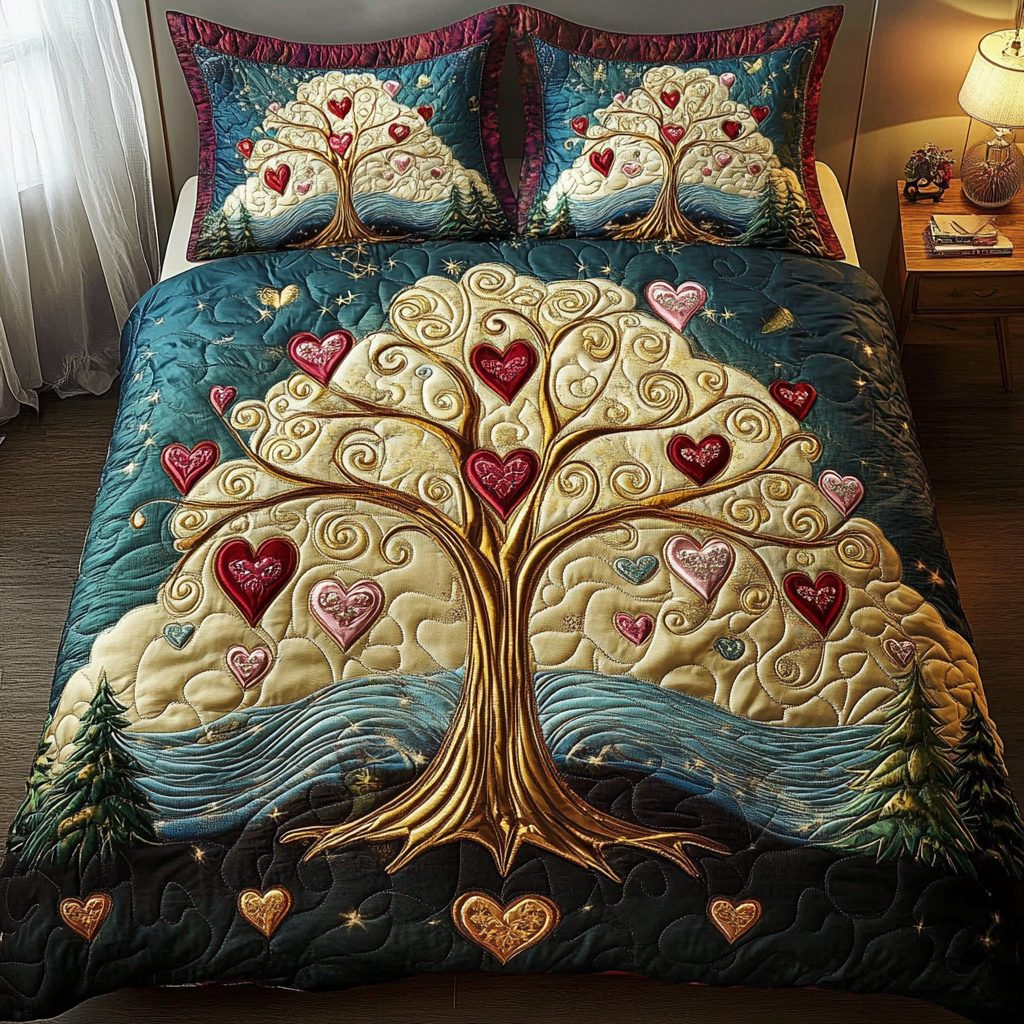 Hearts in Bloom quilted 3-piece bedding set on a made bed with two matching pillow shams