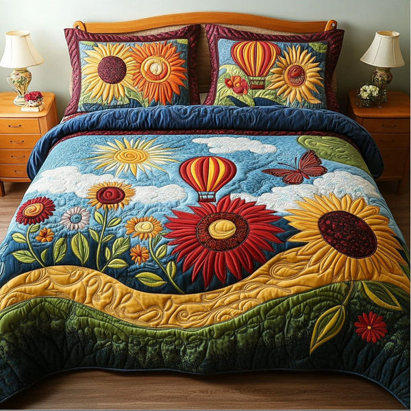 Hearts in the Sky quilted 3-piece bedding set on a made bed with two matching pillow shams