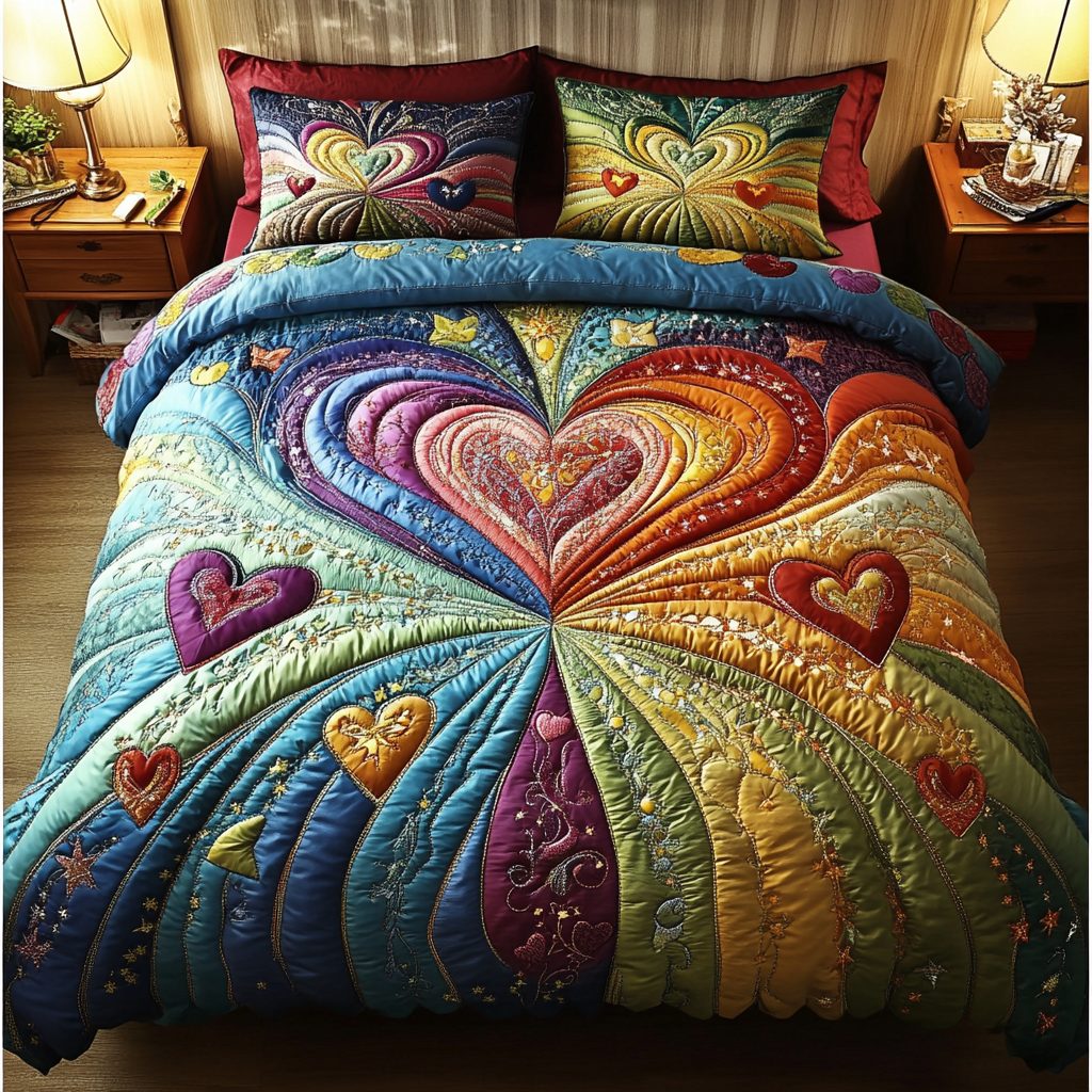 Heartstrings Bliss quilted 3-piece bedding set on a made bed with two matching pillow shams
