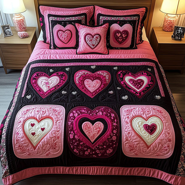 Heartstrings Harmony quilted 3-piece bedding set on a made bed with two matching pillow shams