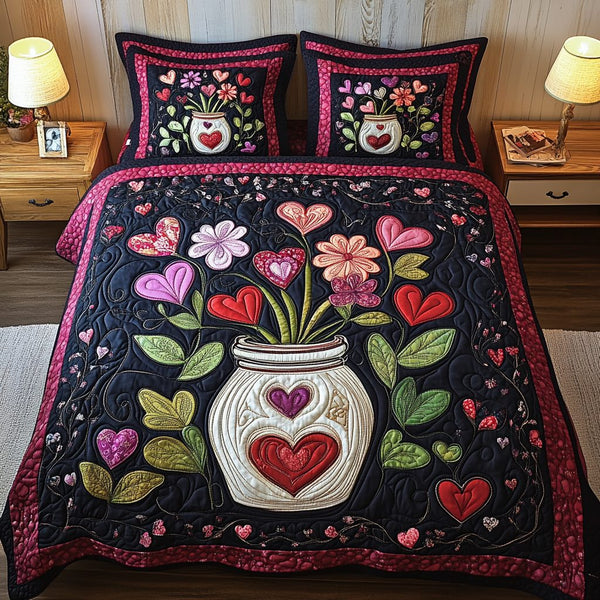 Heartstrings Harmony quilted 3-piece bedding set on a made bed with two matching pillow shams