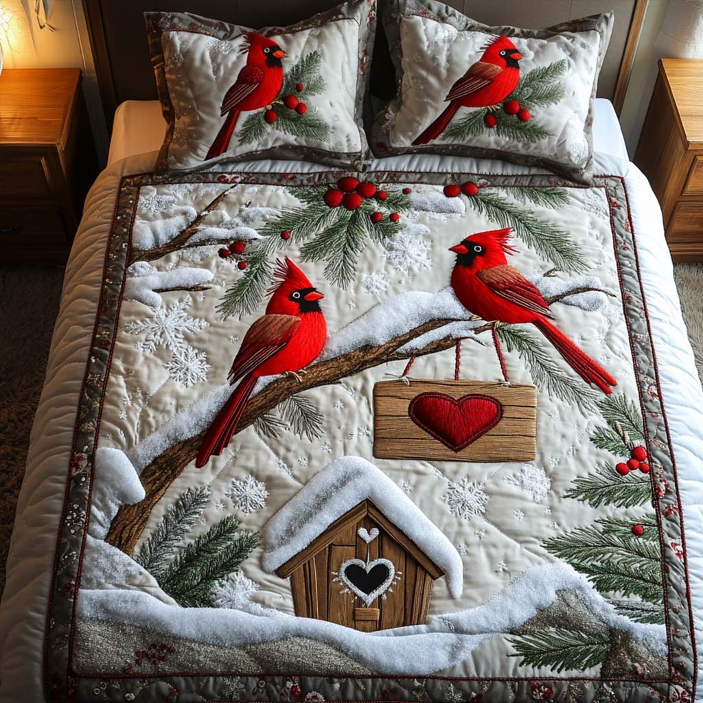 Heartwarming Pair quilted 3-piece bedding set on a made bed with two matching pillow shams