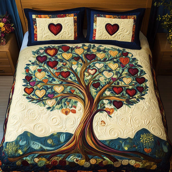 Heartwood Harmony quilted 3-piece bedding set on a made bed with two matching pillow shams