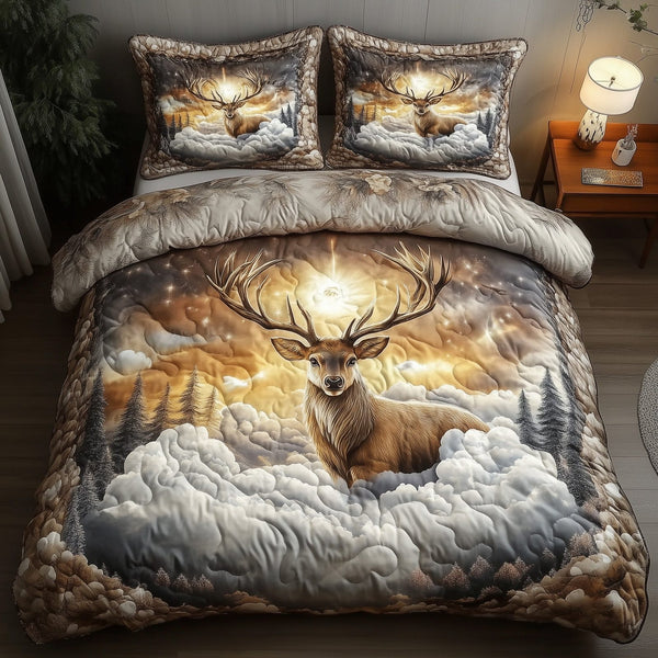 Heaven Deer quilted 3-piece bedding set on a made bed in a softly lit bedroom