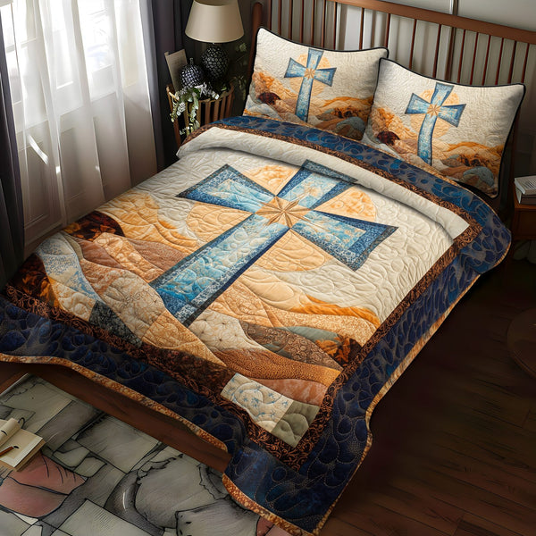Heaven Light quilted 3-piece bedding set on a made bed in a softly lit bedroom