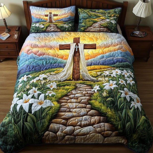 Heaven Path Cross quilted 3-piece bedding set on a made bed in a softly lit bedroom