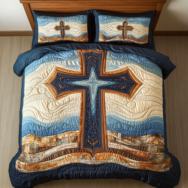Heaven Path quilted 3-piece bedding set on a made bed in a softly lit bedroom