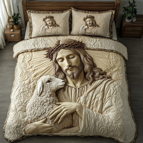 Heaven Touch quilted 3-piece bedding set on a made bed in a softly lit bedroom
