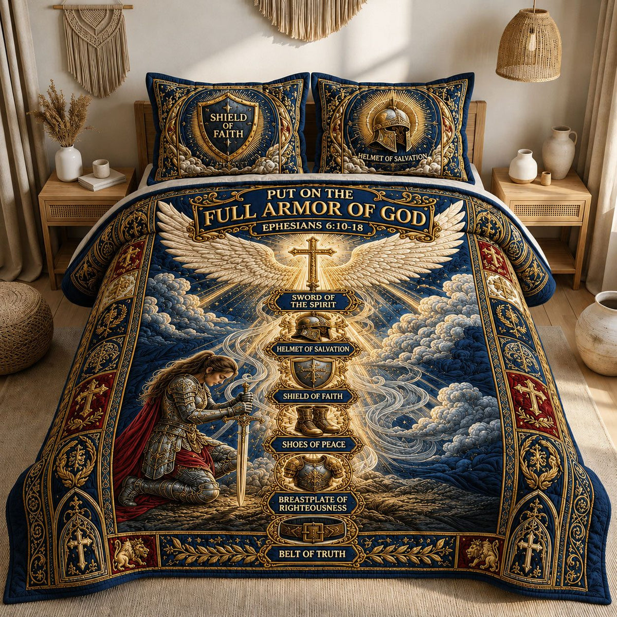 Heavenly Ascension Armor Of God quilted 3-piece bedding set on a made bed in a softly lit bedroom