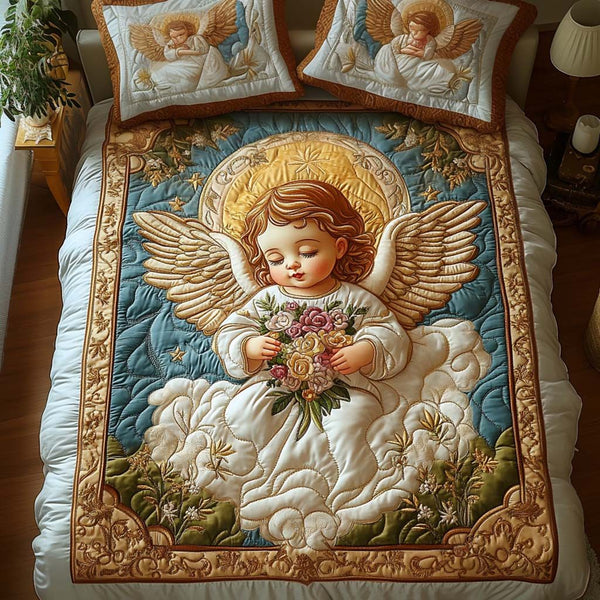Heavenly Bouquet quilted 3-piece bedding set on a made bed in a softly lit bedroom