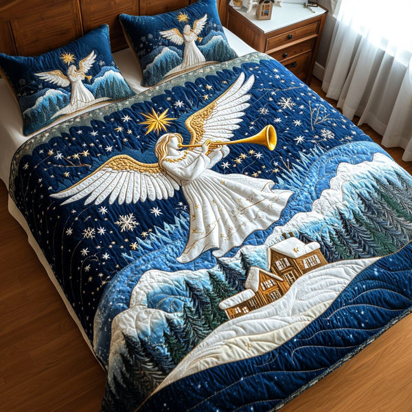Heavenly Call quilted 3-piece bedding set on a made bed in a softly lit bedroom